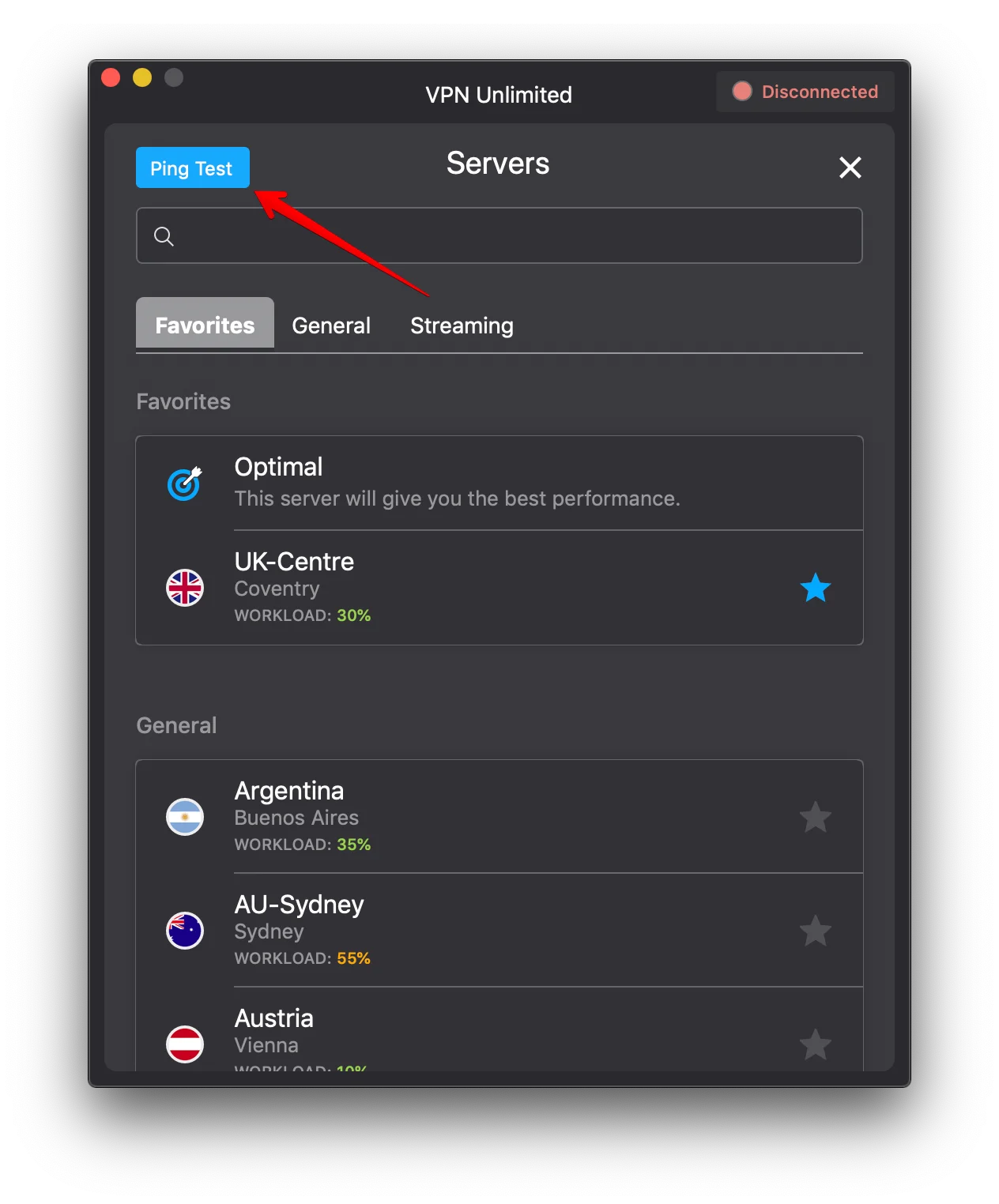 The Ping Test feature in VPN Unlimited