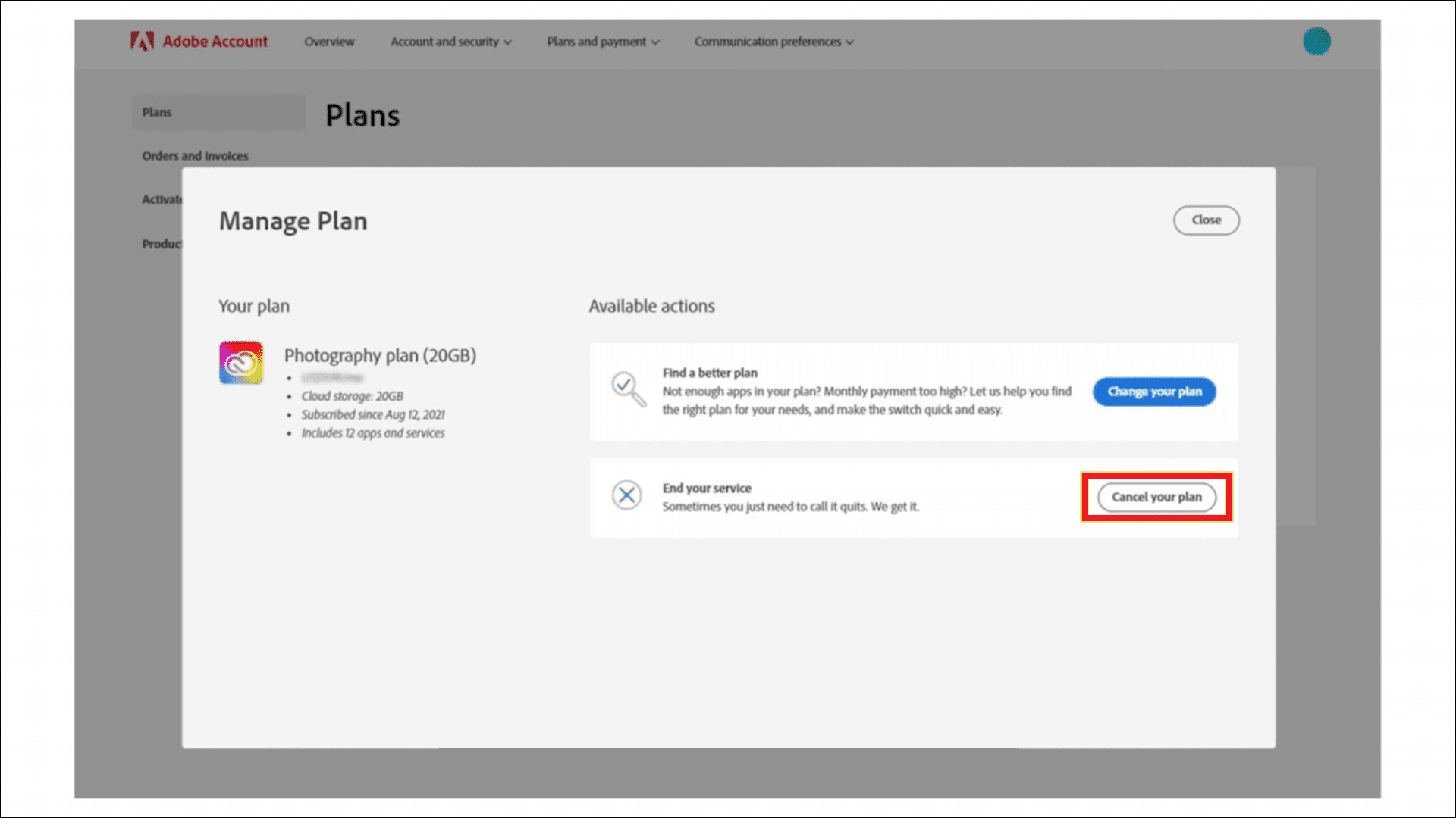 Then select cancel your plan