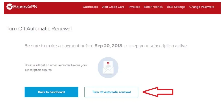 Back to Dasboard Turn off automatic renewal