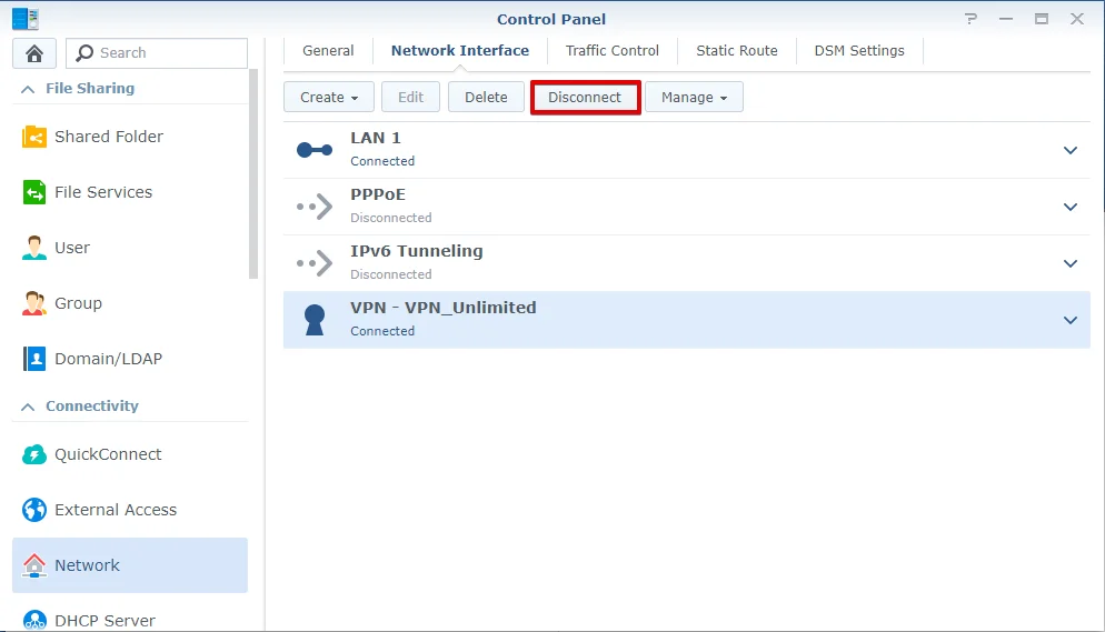 Synology VPN setup - Disconnect from VPN server
