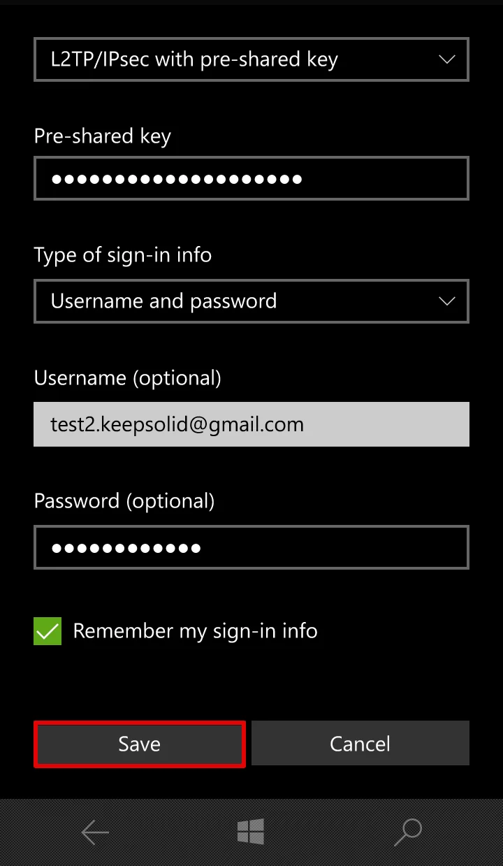 Windows 10 L2TP VPN setup - saving changes