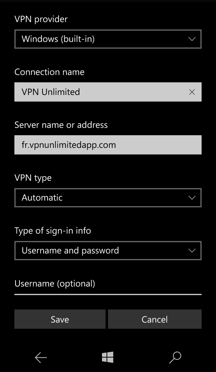 Windows 10 L2TP VPN setup - filling out VPN Unlimited settings