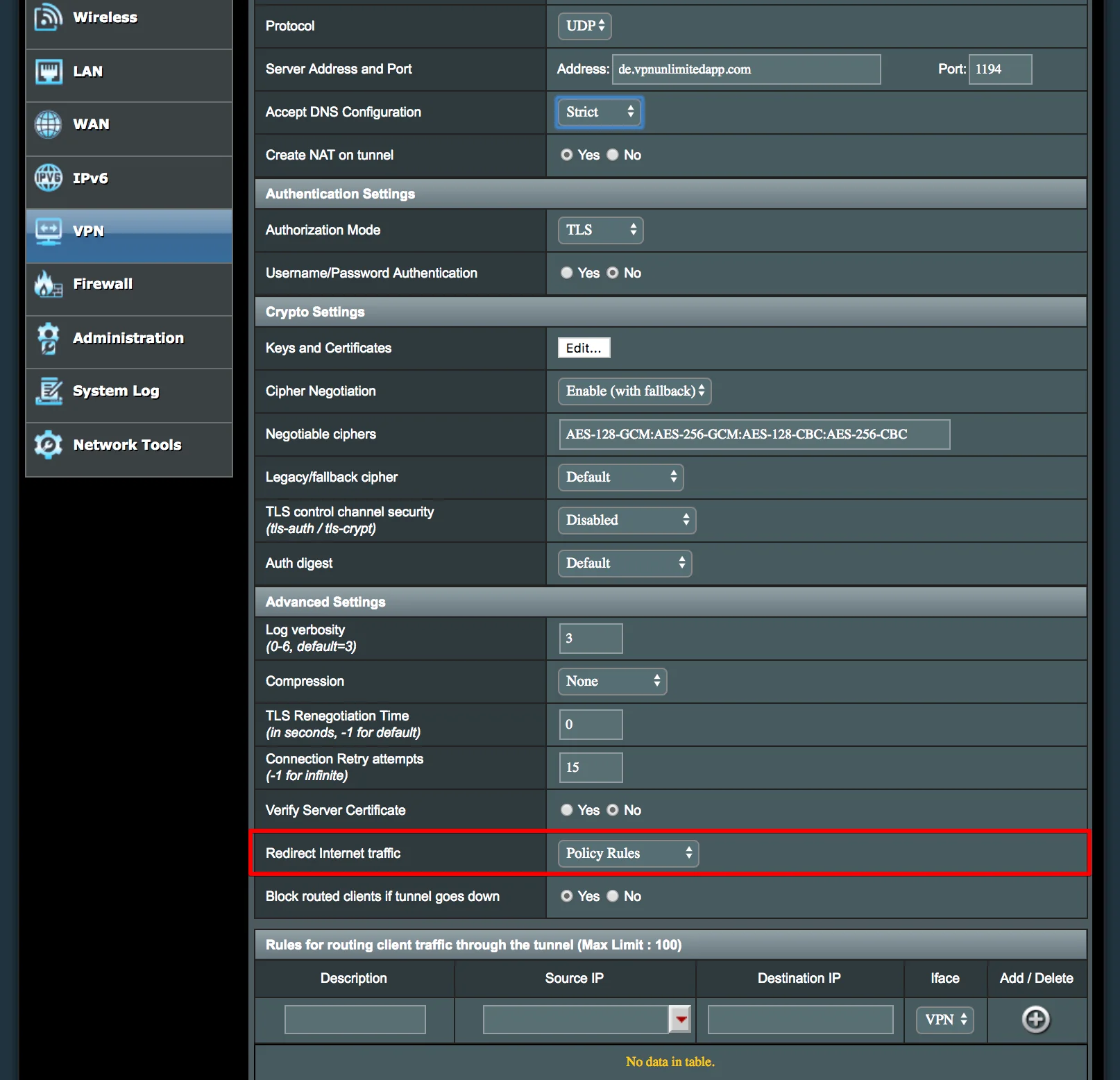 How to setup VPN on Asus router: Redirect Internet traffic