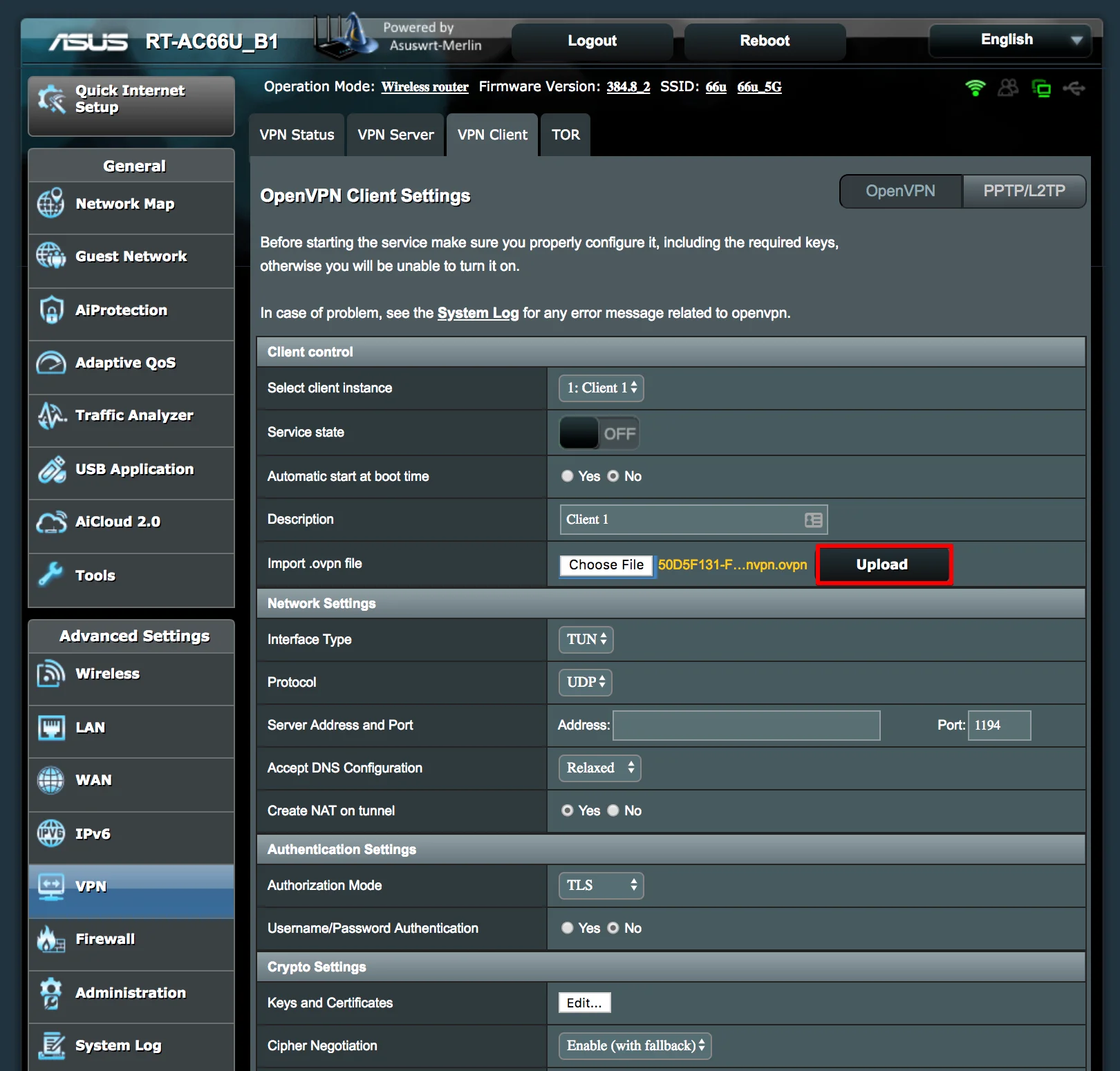 Router with VPN client: Upload file
