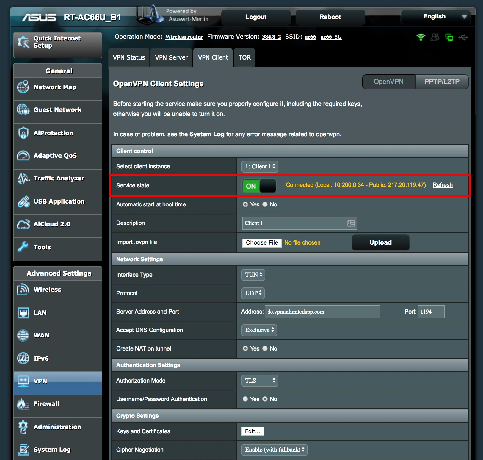 OpenVPN router: Service state