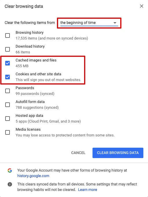 How do cookies affect the VPN?-In GoogleChrome for PC-Choose beginning of time to delete everything