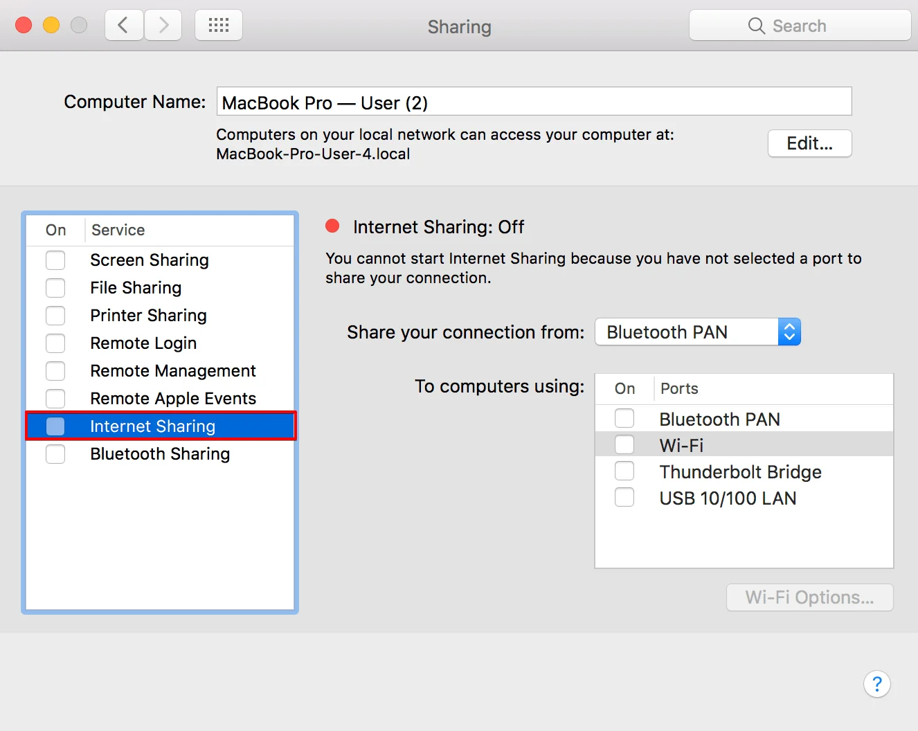 How to share VPN connection over WiFi Mac - In the Sharing menu, go to Internet Sharing (do not enable it yet)