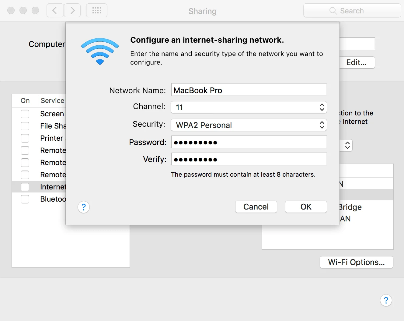 How to share VPN connection over WiFi Mac - Here you can set up the password for the WiFi network