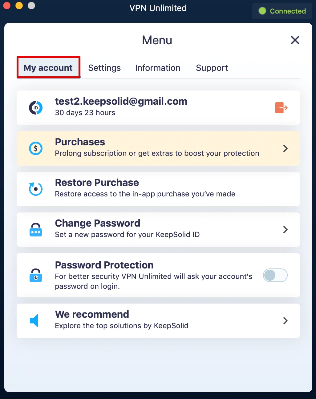 How to use the VPN app on macOS - My account tab in VPN Unlimited app