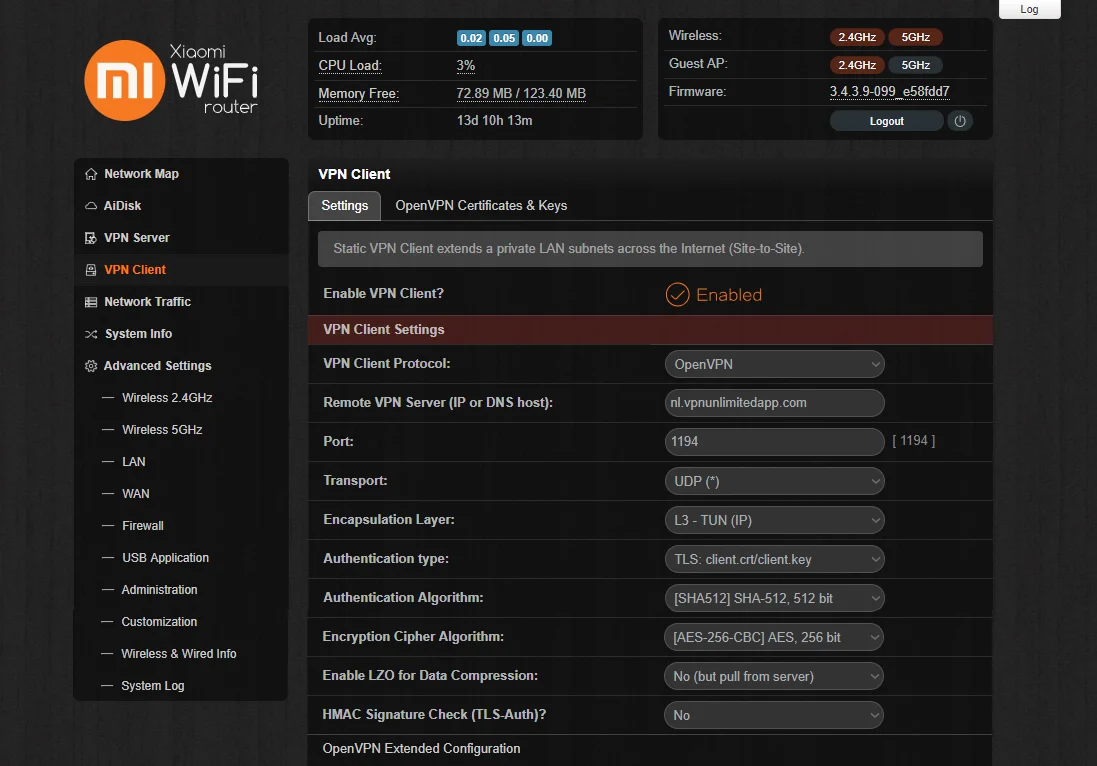 OpenVPN settings for configuring Padavan VPN