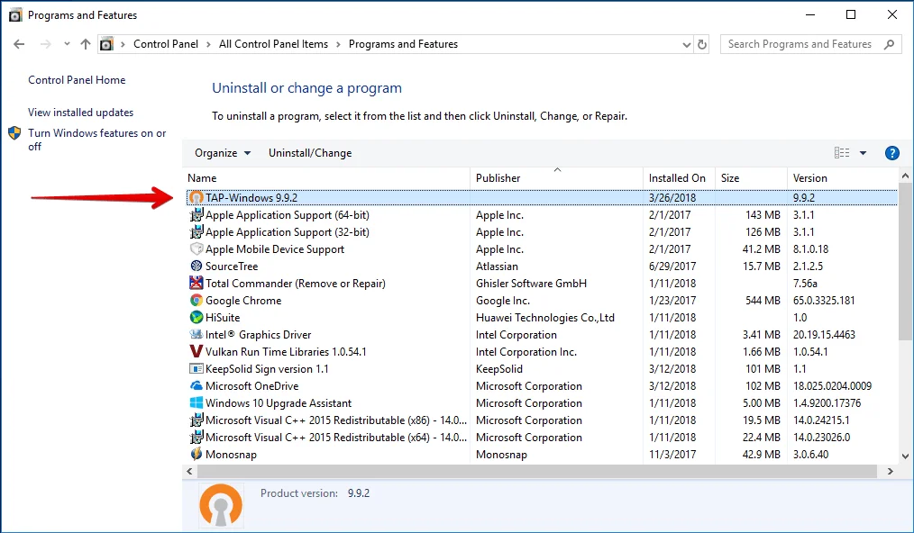 Removal of the VPN Unlimited application on my PC with Windows 10 - uninstall TAP-adapter