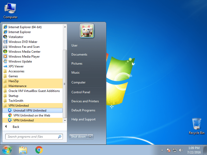 How to uninstall VPN App on Windows 7 - go to Start>All Programs>VPN Unlimited and choose Uninstall