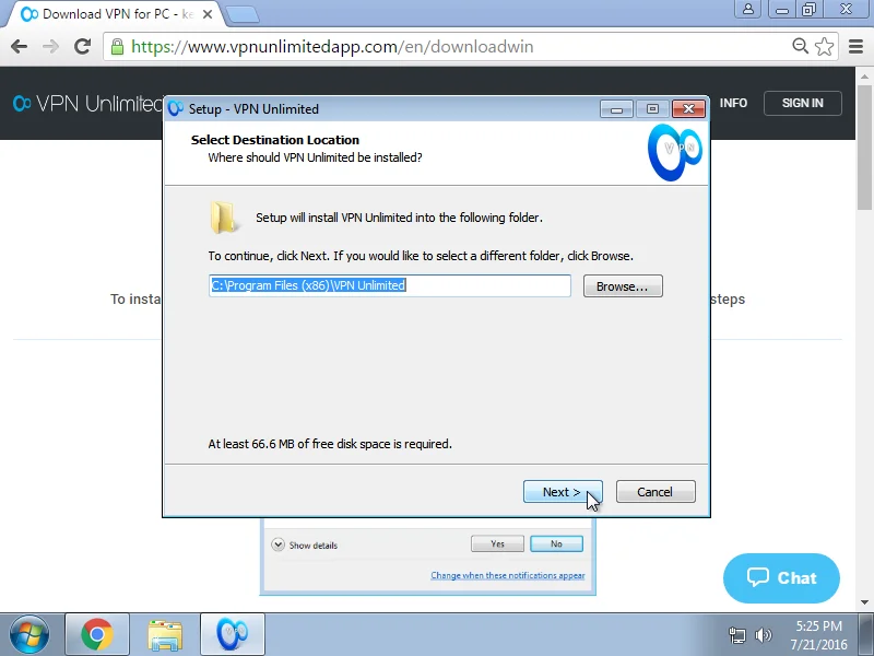 How to install VPN App on Windows 7 - Select the path to install the VPN program and click Next