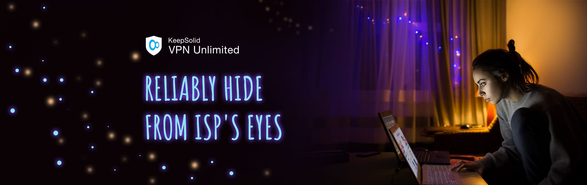 Girl sitting in her room at night, downloading torrents anonymously with KeepSolid VPN Unlimited