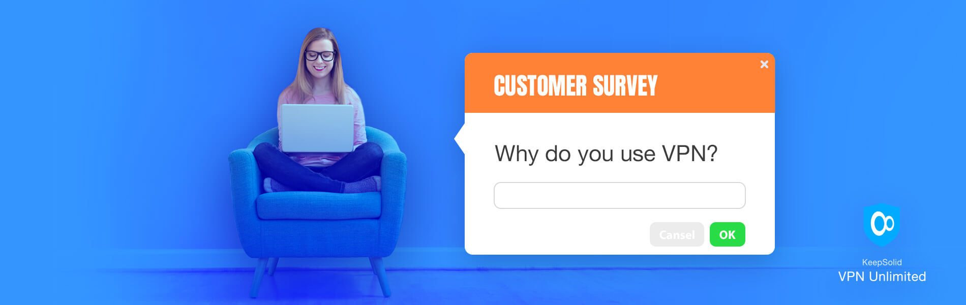 Young woman using her laptop in a chair and answering customer survey about why to use VPN.