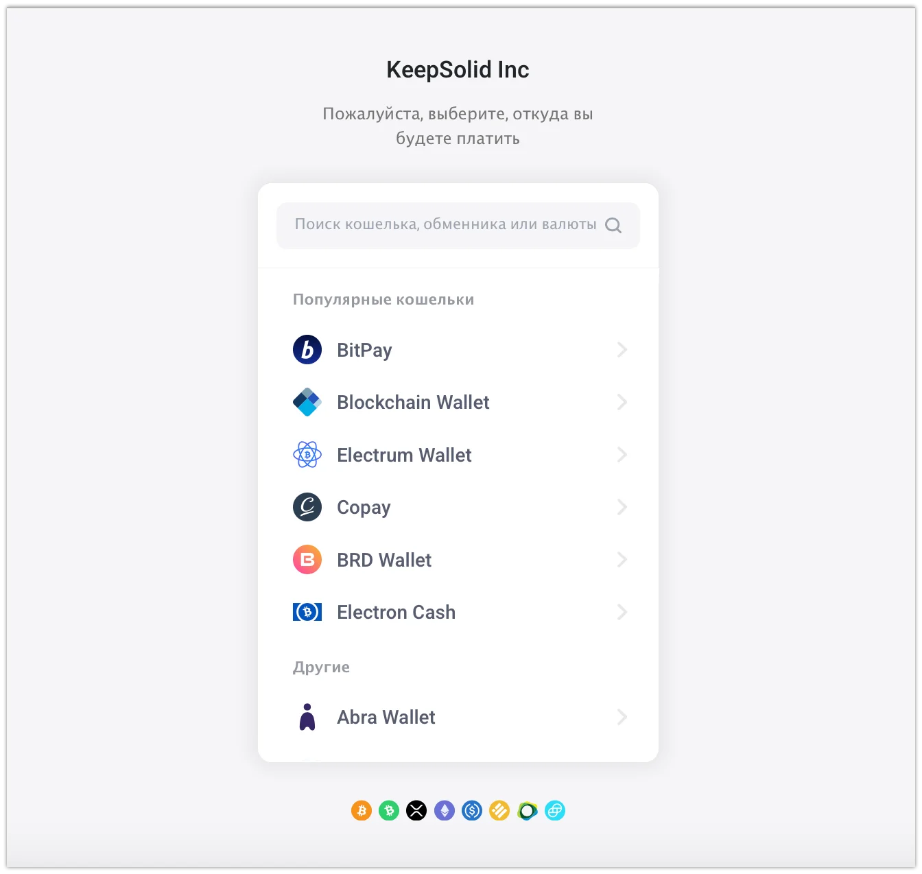 7. Выберите кошелек, из которого вы будете платить за нашу VPN-подписку (в этой инструкции мы выбрали BitPay).