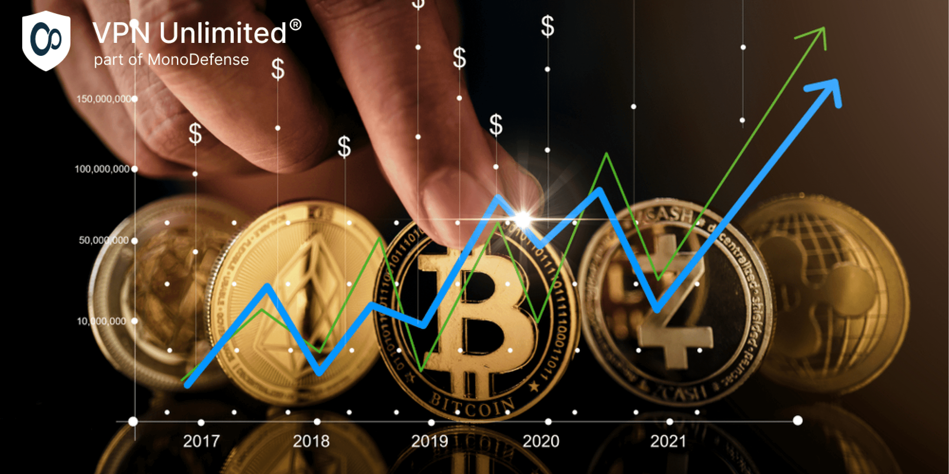 Cryptocurrency strategy ideas concept, man hand holding crypto coin symbol on reflection floor dark color tone and market chart analysis