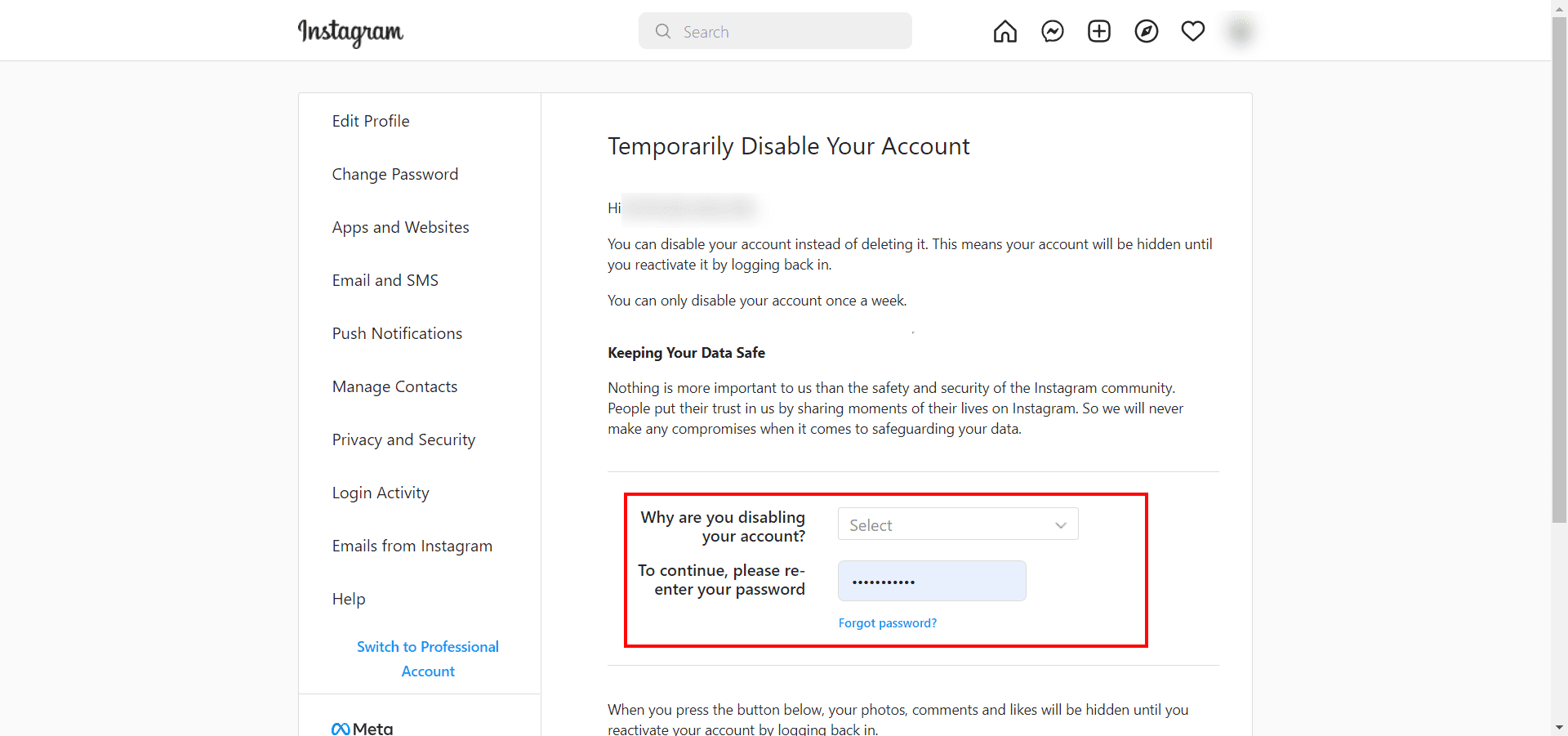 Temporary Disable Instragram Account