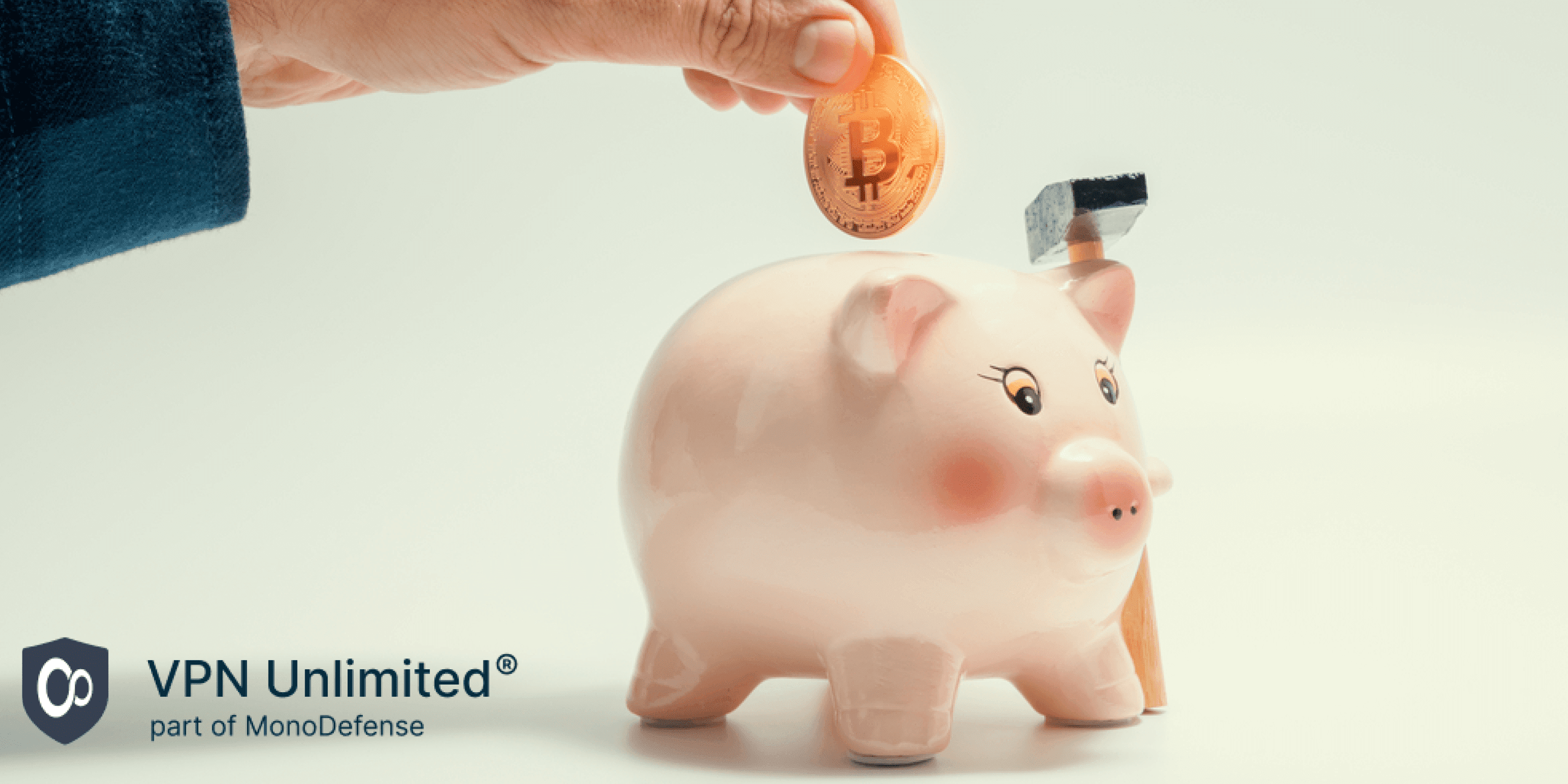  Hand putting bitcoin in to piggy bank, cryptocurrency investment concept