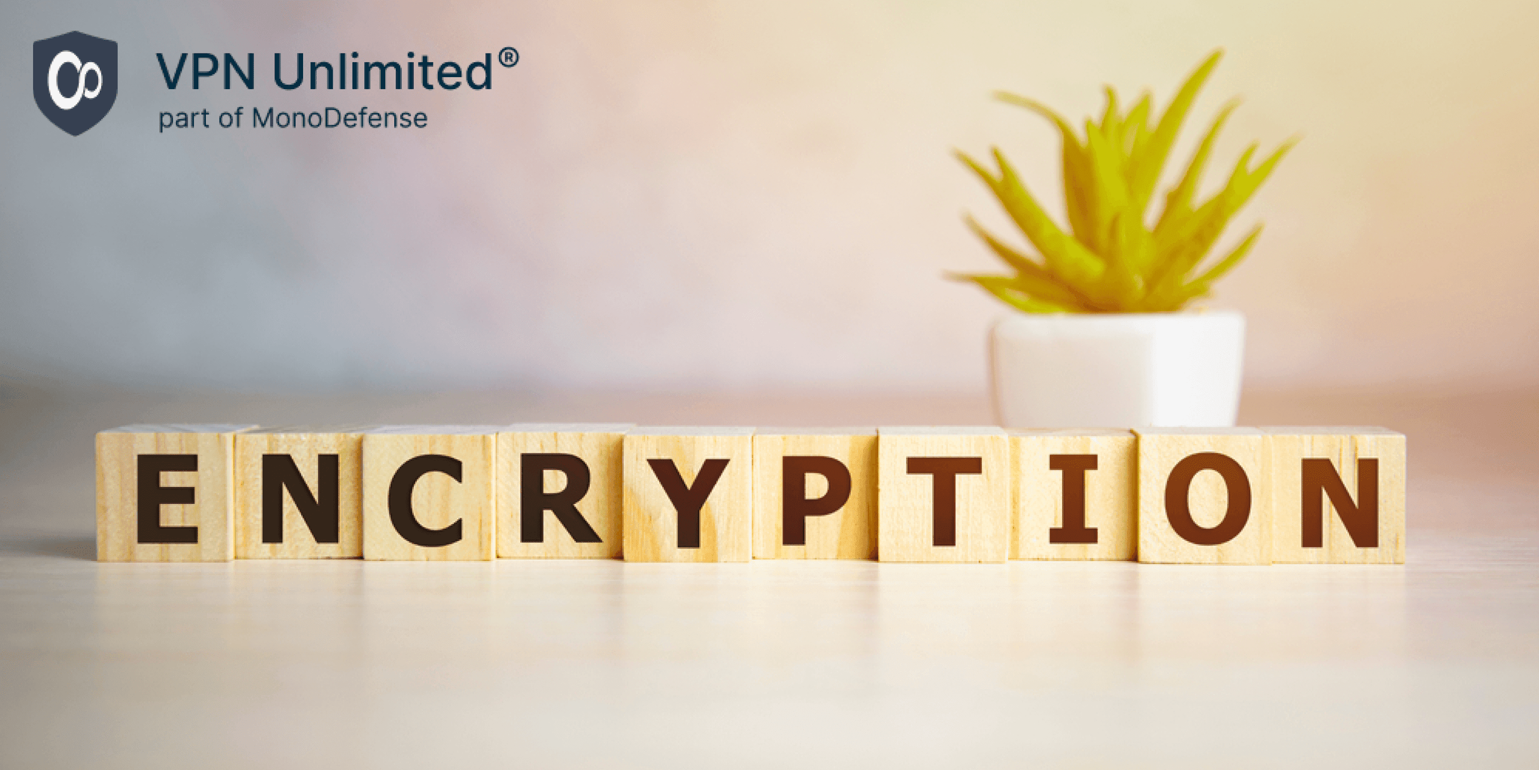 Encryption word on wooden cubes, concept of security with VPN Unlimited
