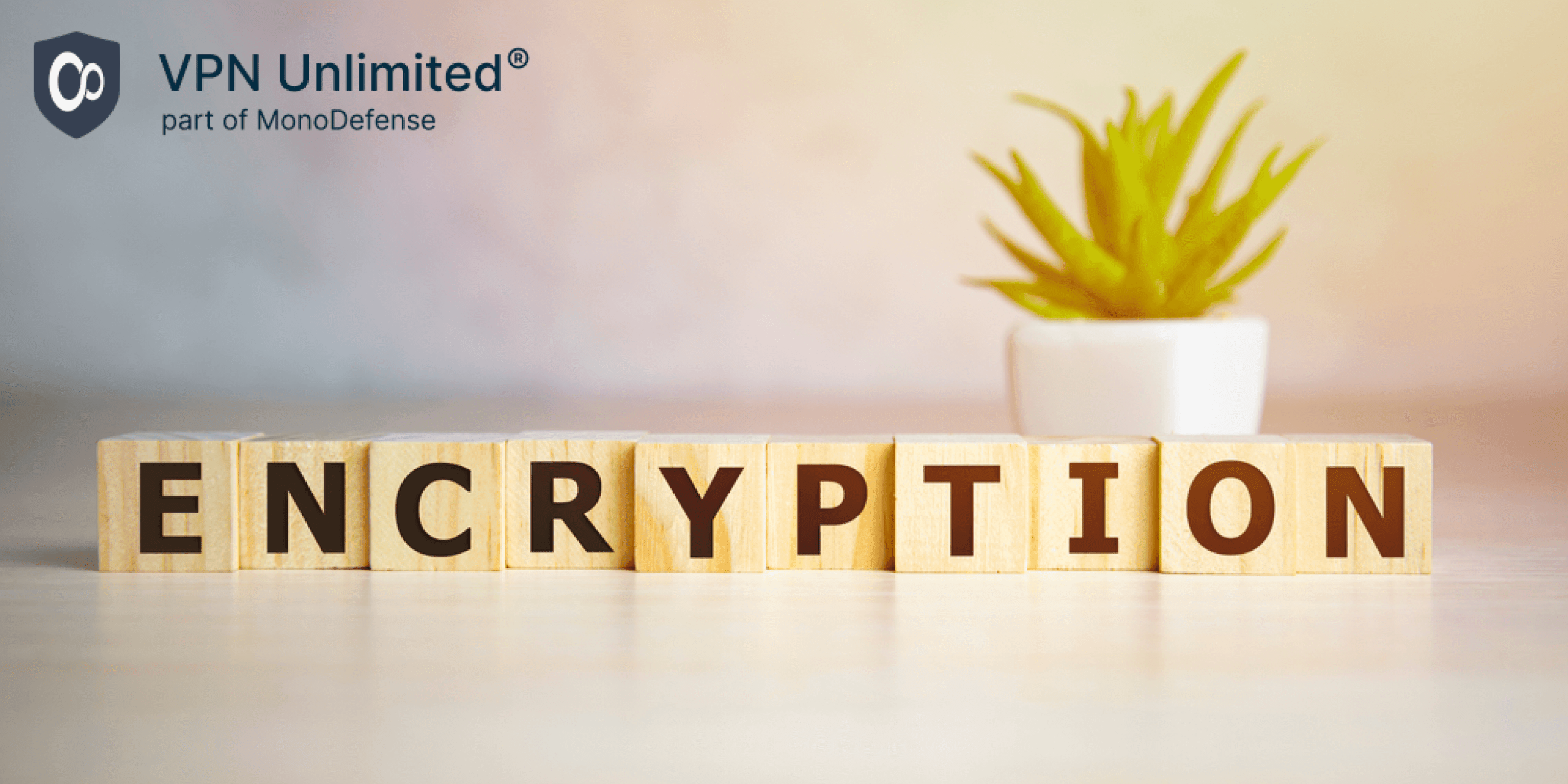 Encryption word on wooden cubes, concept of security with VPN Unlimited