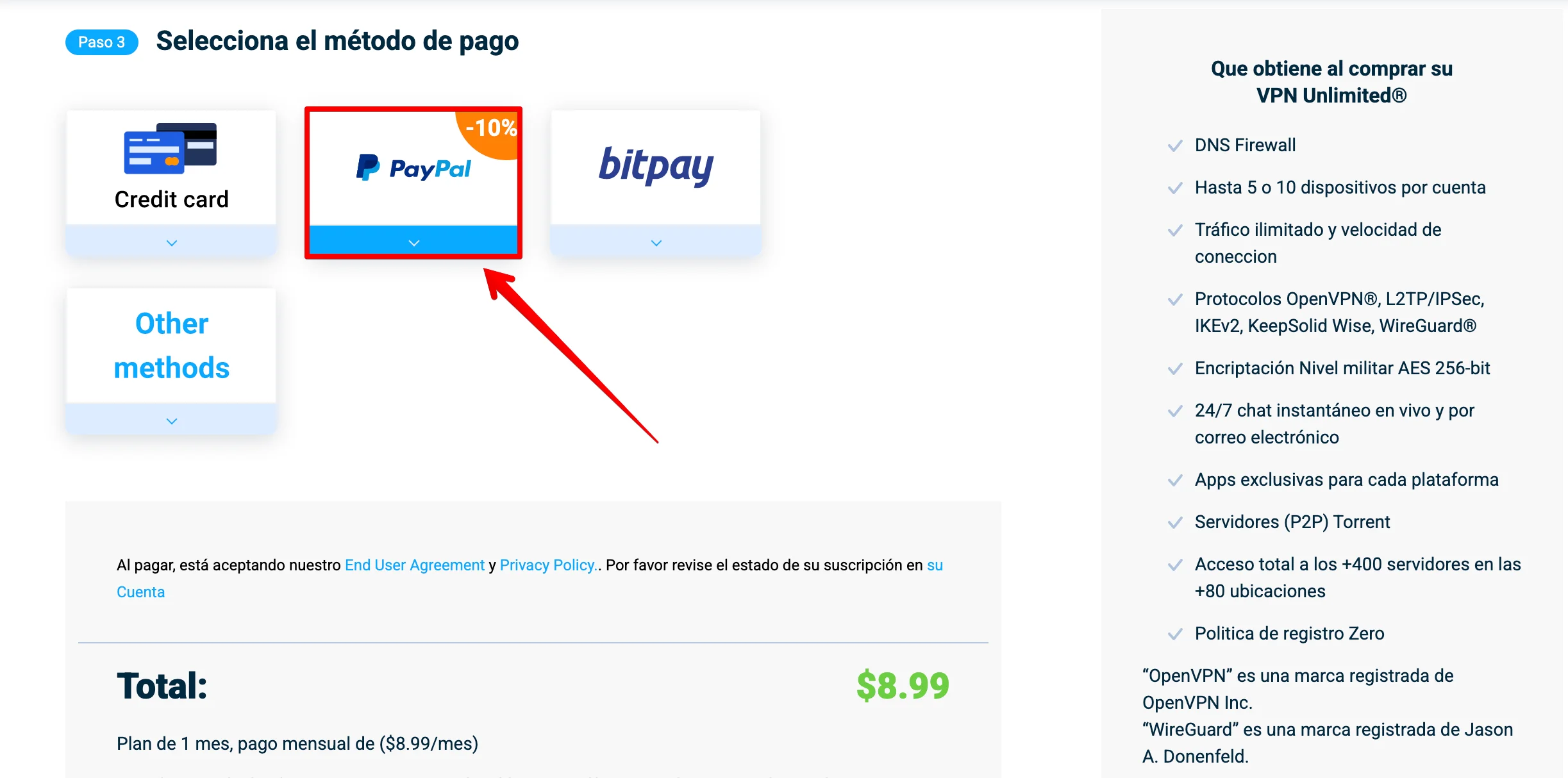 Select PayPal to complete payment