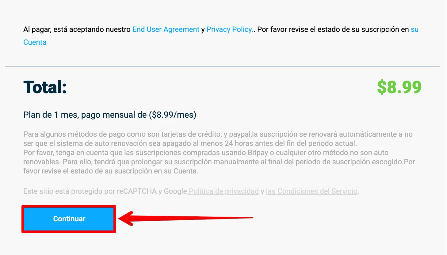Press Continue to pay with PayPal