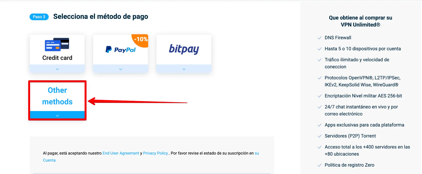 In a payment method section, select Other methods to pay with Paymentwall.