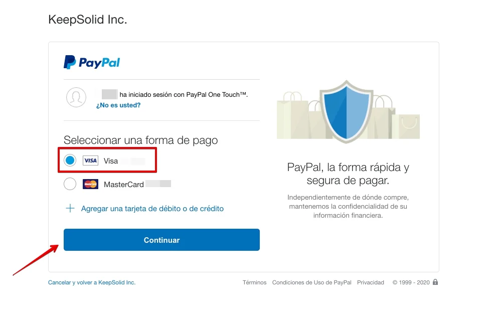 Choose a way to pay in PayPal