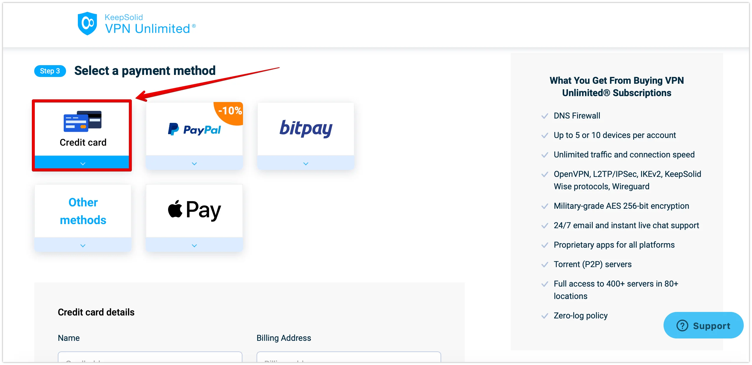 Select a payment method - credit card