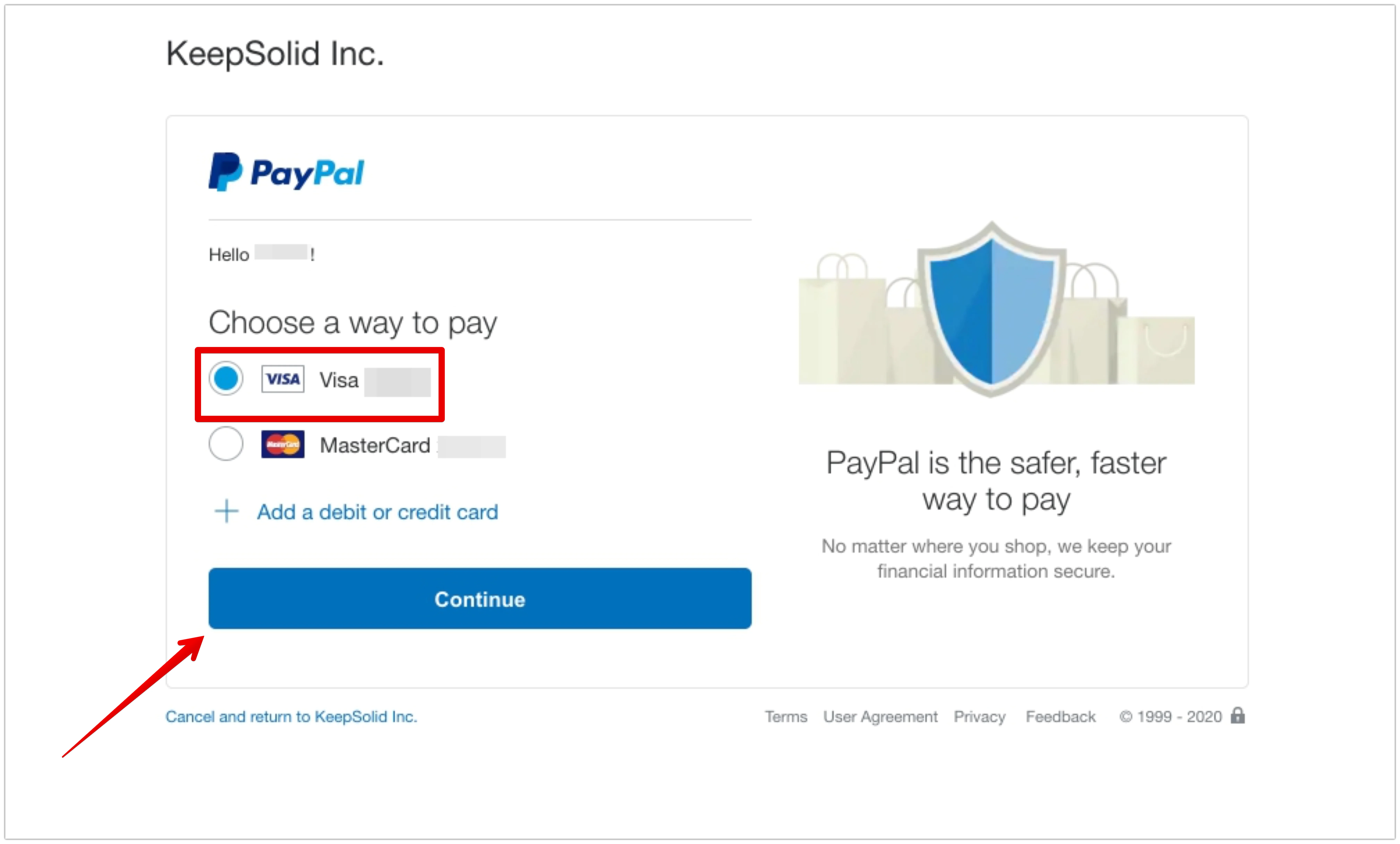 Choose a way to pay in PayPal