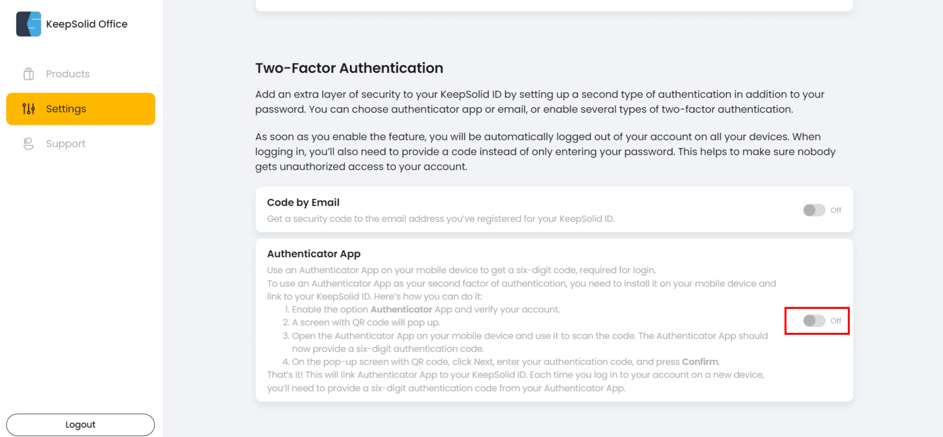 Botón de alternación de la aplicación de autenticador