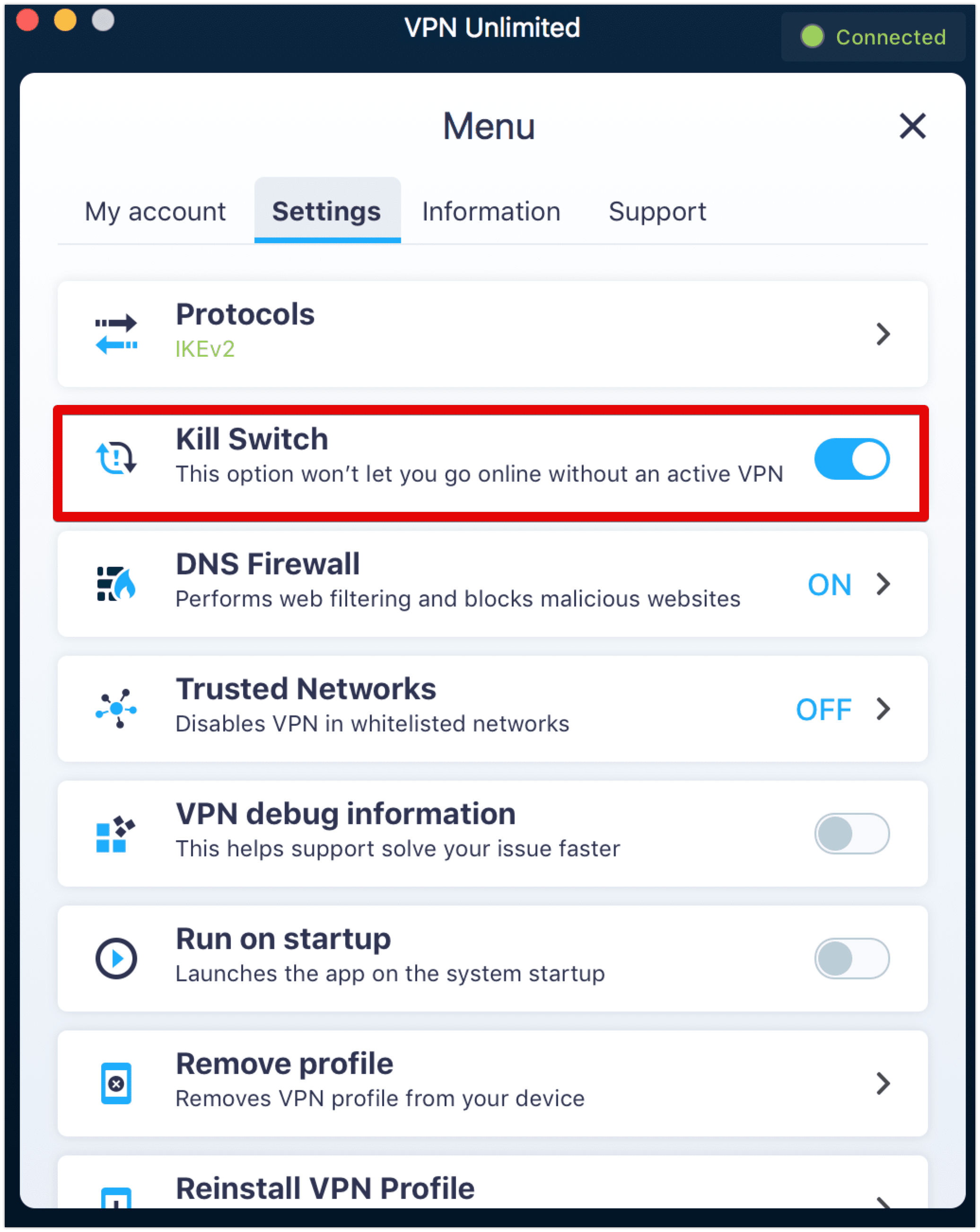 The Kill Switch feature in VPN Unlimited on macOS