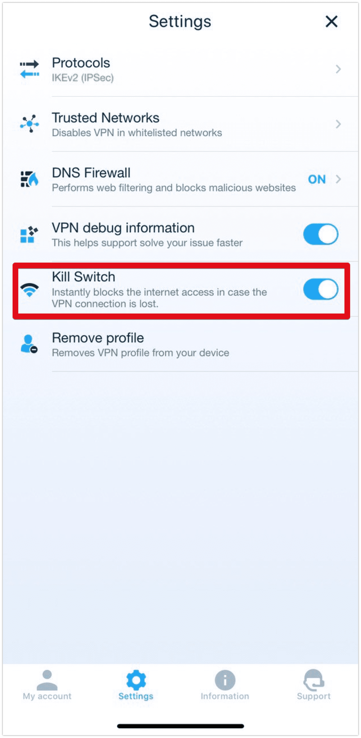 The Kill Switch feature in VPN Unlimited on iOS