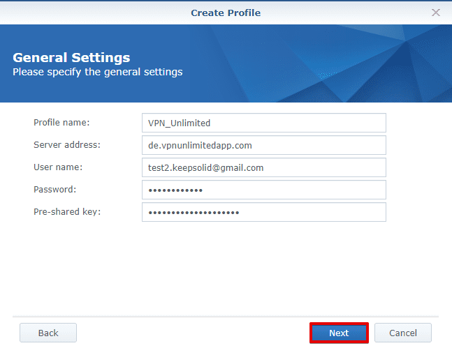 How to set up VPN on Synology - fill in general setings and press next