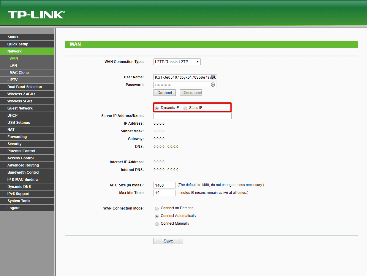 Router VPN TP-Link. Selecting Dynamic IP or Static IP option