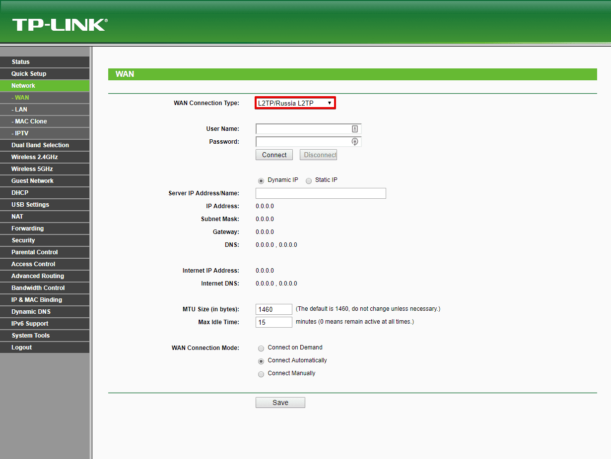 Ρύθμιση VPN σε δρομολογητή TP -Link Archer - Επιλέξτε L2TP/Ρωσία L2TP WAN Τύπος σύνδεσης