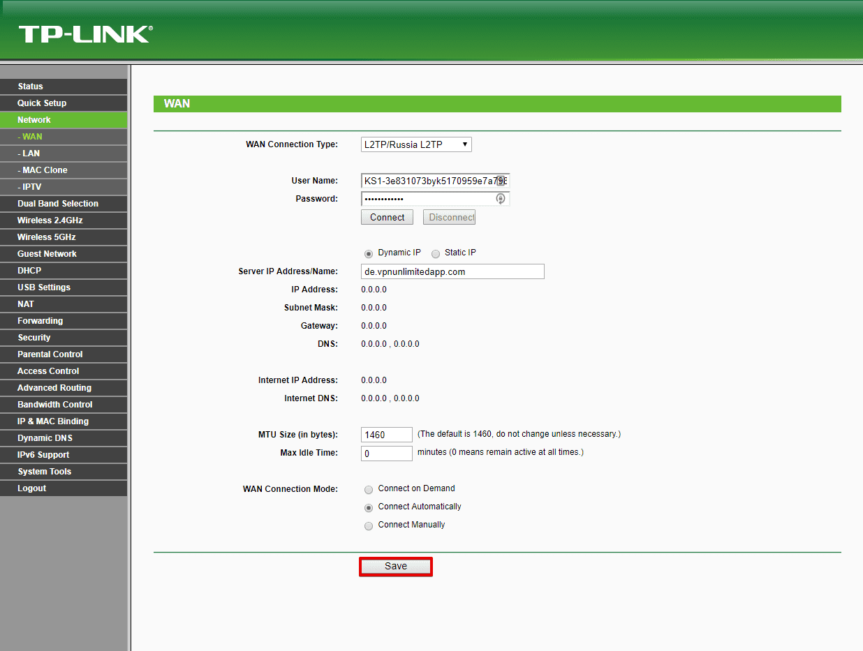 Configurez VPN sur le routeur TP-Link. Sauvegarder les modifications