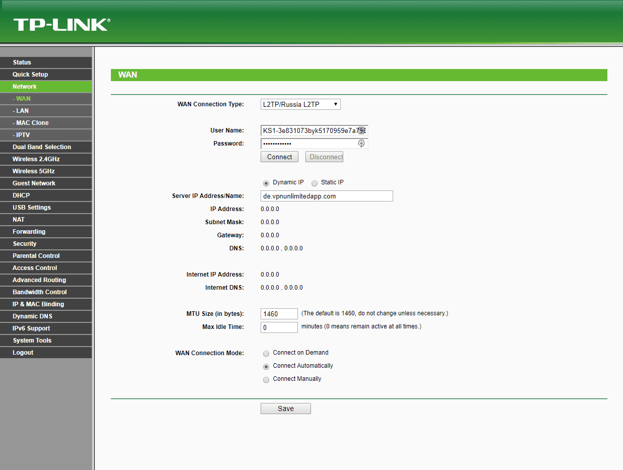 Configuration du VPN TP-Link - Configuration de la taille MTU et du temps inactif max