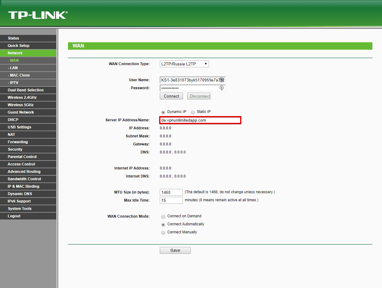 Routeur VPN TP-Link. Entrée du nom de domaine du serveur VPN