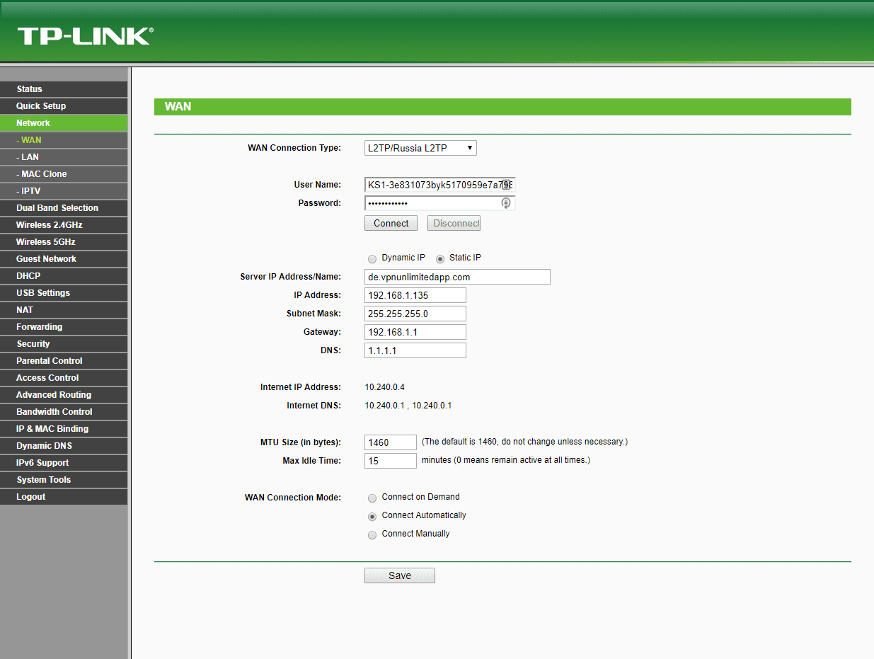 Configuration manuelle TP-Link de la connexion VPN L2TP - Entrée des paramètres IP statiques