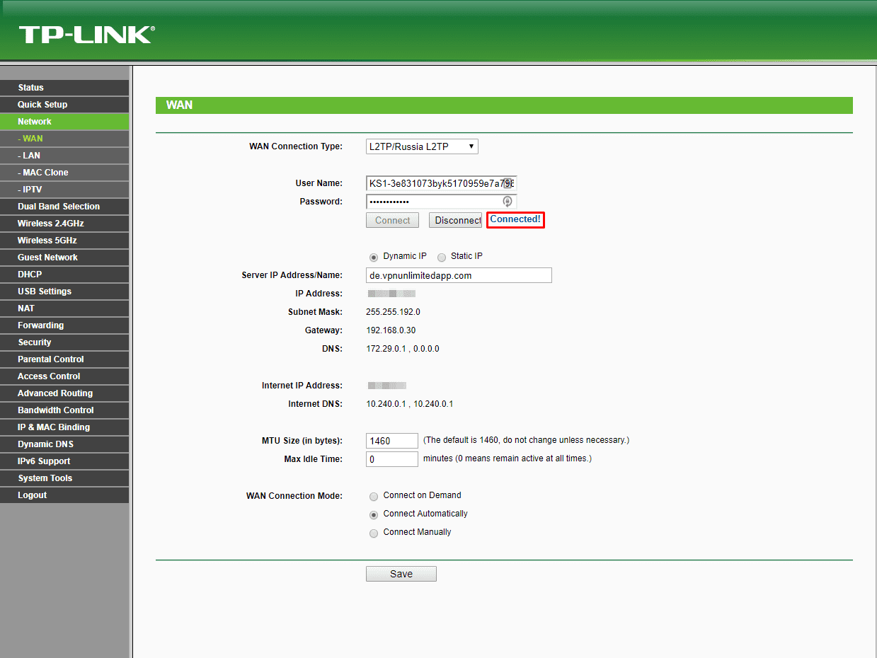 Routeur VPN TP-Link - État de la connexion VPN: connecté