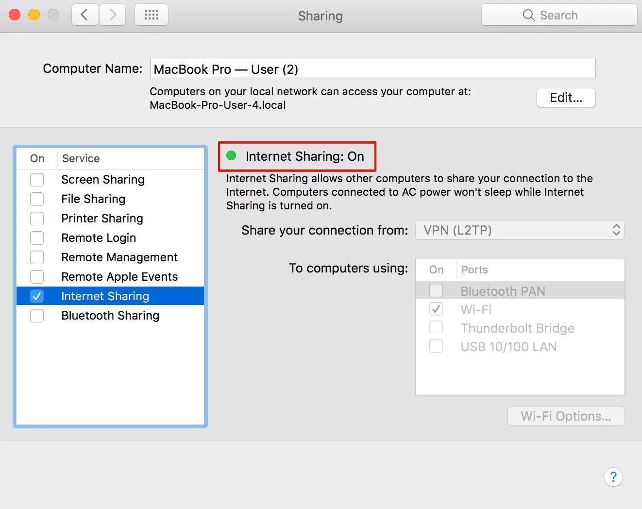 How to share VPN connection over WiFi Mac - When Internet Sharing is activated, you see the status