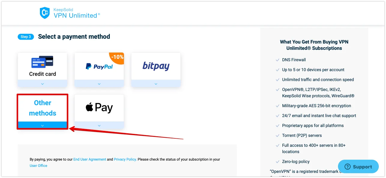 4. In a payment method section, select Other methods to pay with Paymentwall.