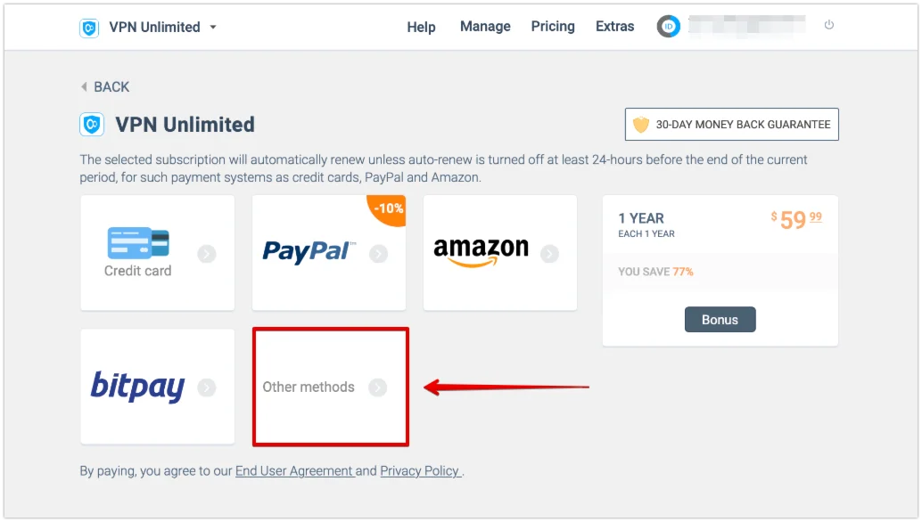5. In the payment method section, click Other methods to buy the chosen VPN subscription.