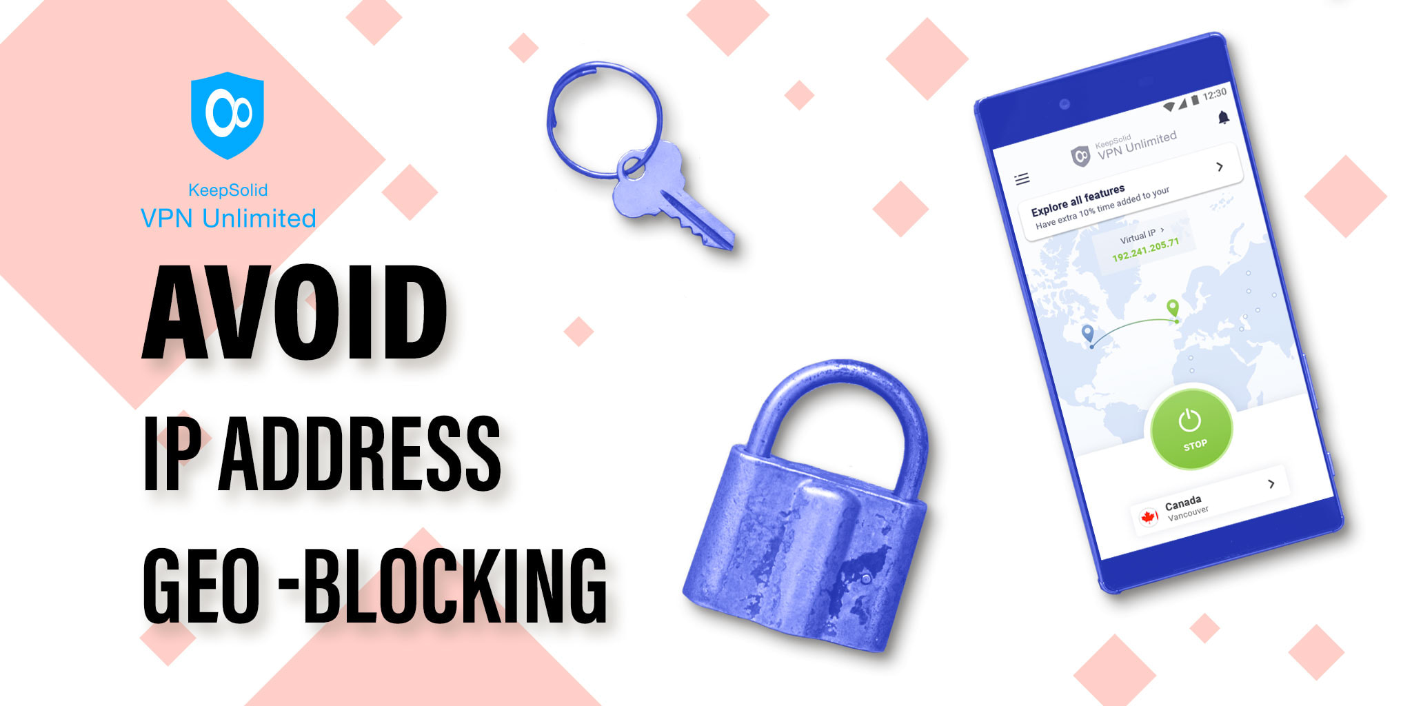 KeepSolid VPN Unlimited on the smartphone screen with a lock and a key on a wooden background - how to make email anonymous