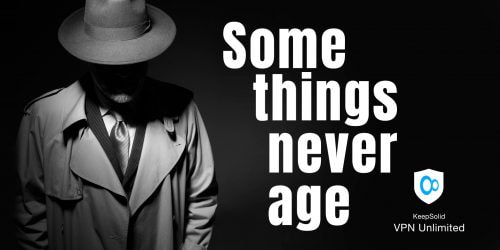 Man posing in the dark with a fedora hat and a trench coat, 1950s noir film style old-school cyber threats