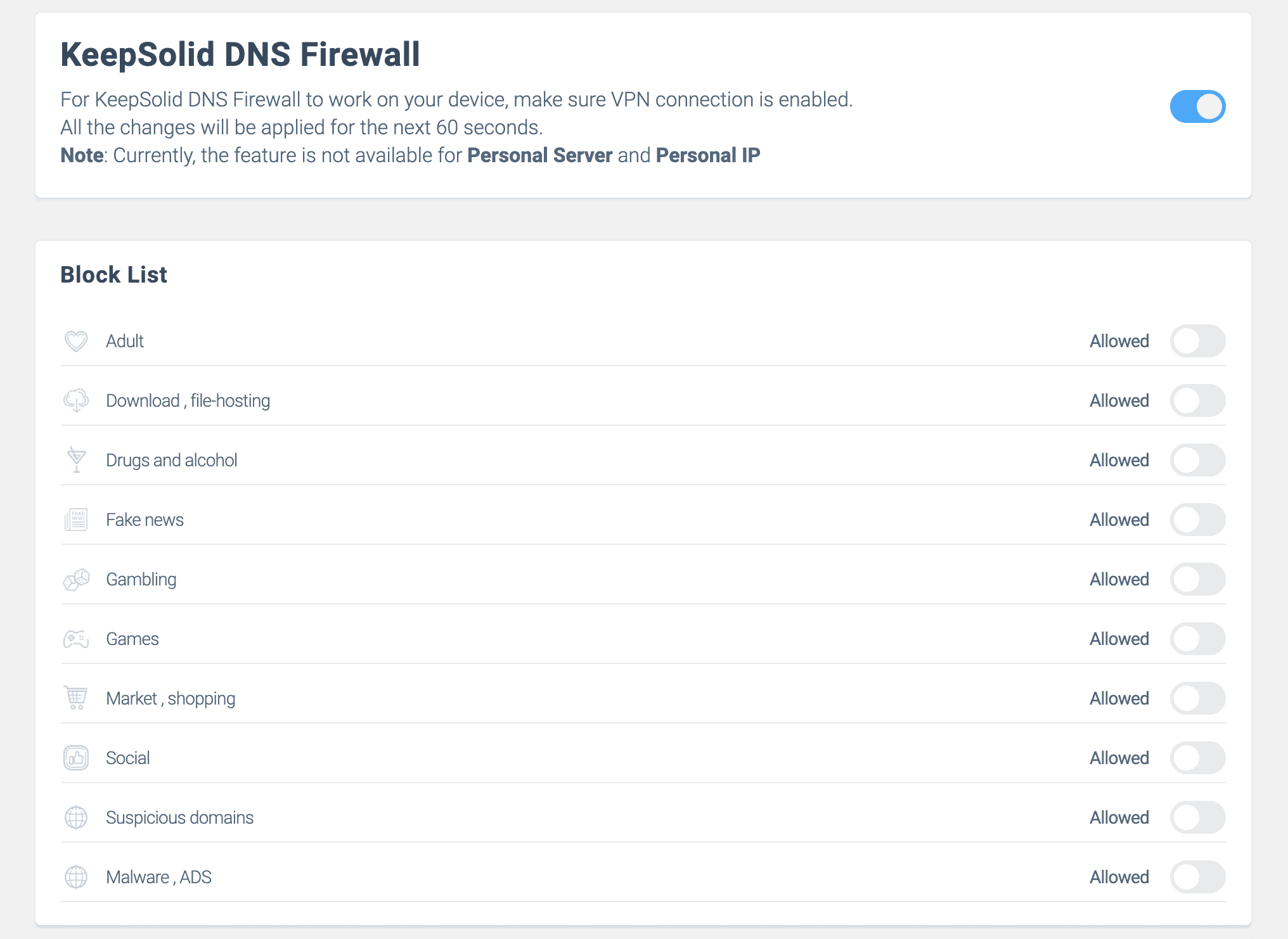 KeepSolid DNS Firewall settings