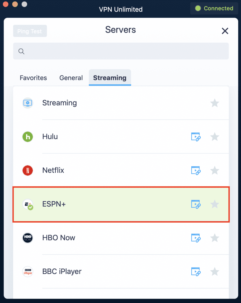 Screenshot of KeepSolid VPN Unlimited app, showing Streaming servers to unblock ESPN+, Netflix, Hulu, HBO Now, and BBC iPlayer
