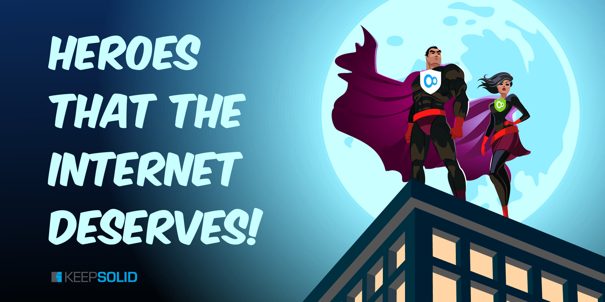 Free VPN Lite and VPN Unlimited as 2 superheroes standing on the roof.